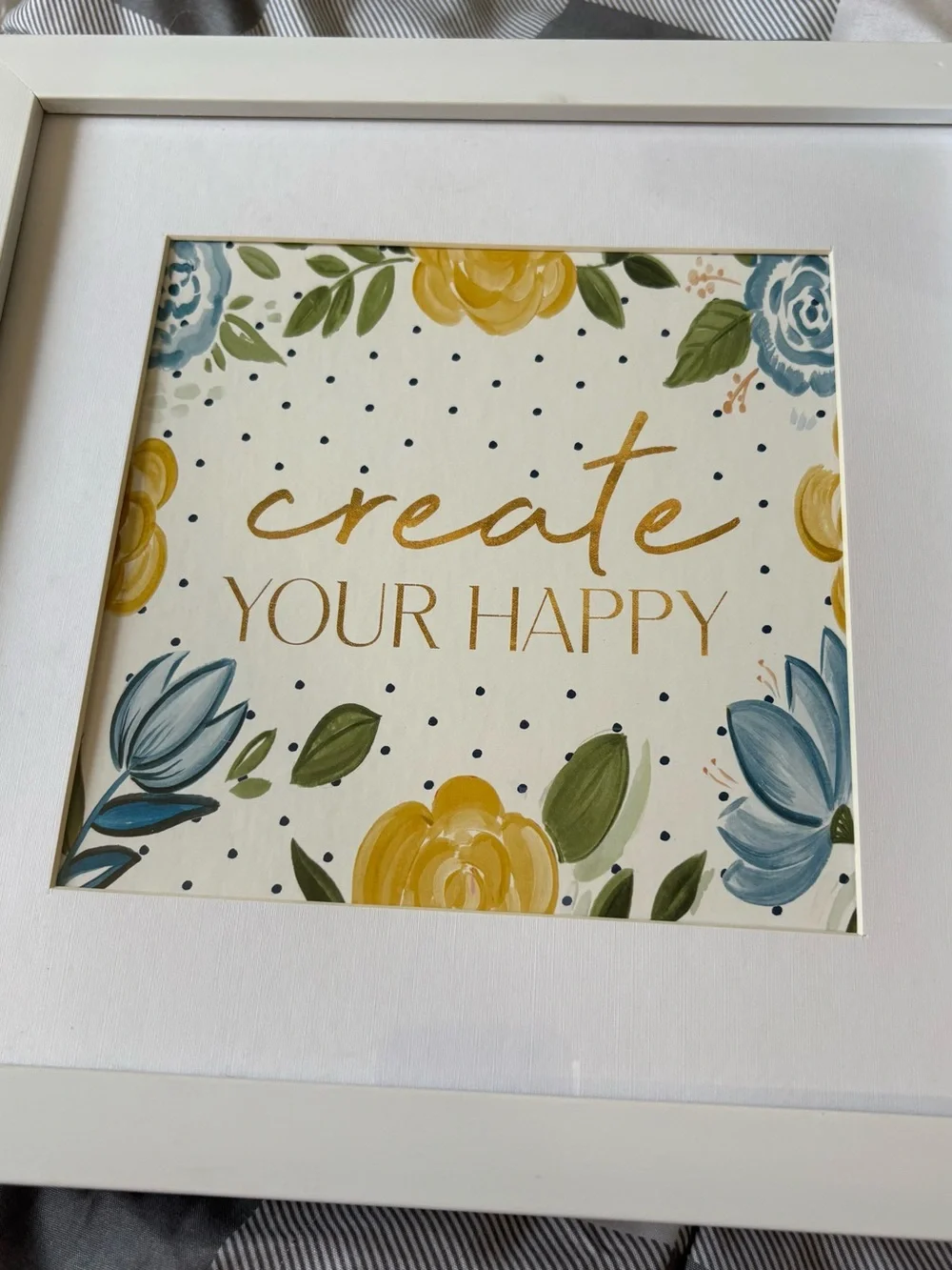 Create Your Happy Floral Wall Art - White Frame, Yellow & Blue
